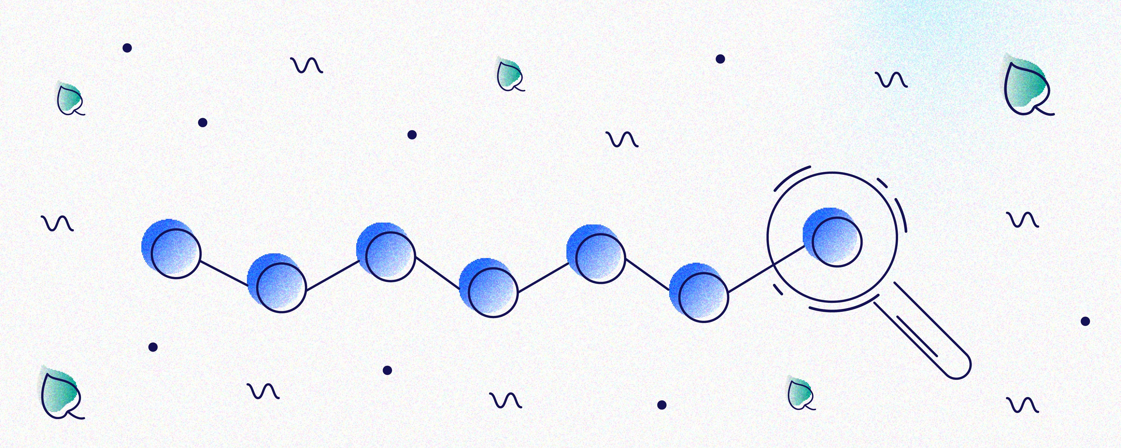 An illustration of a magnifying glass search icon connected to several blue circles connected by zig zag lines which demonstrates search queries
