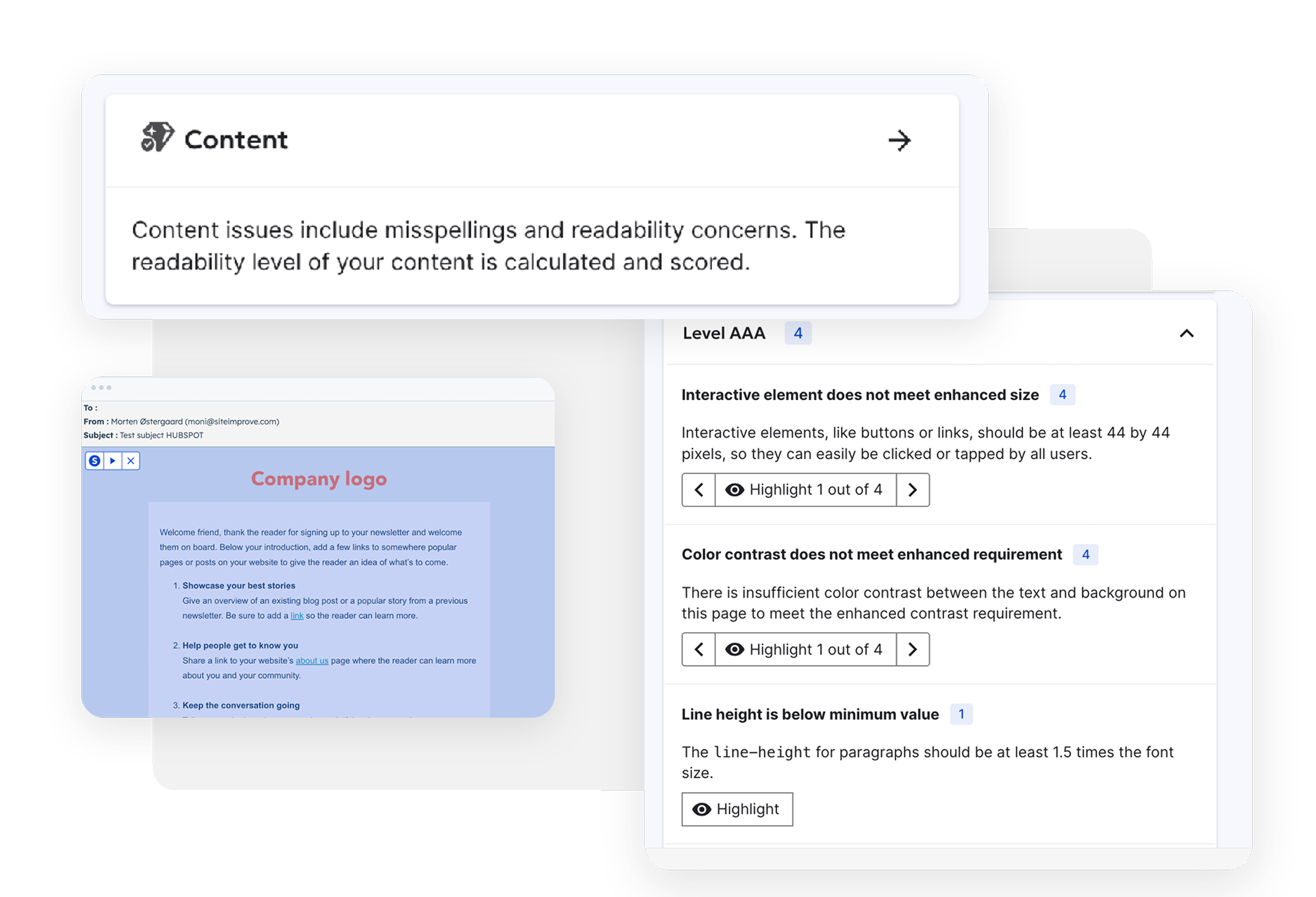 Screenshot of Siteimprove's content analysis tool identifying readability and accessibility issues. Highlights include small interactive elements, poor color contrast, and insufficient line height.