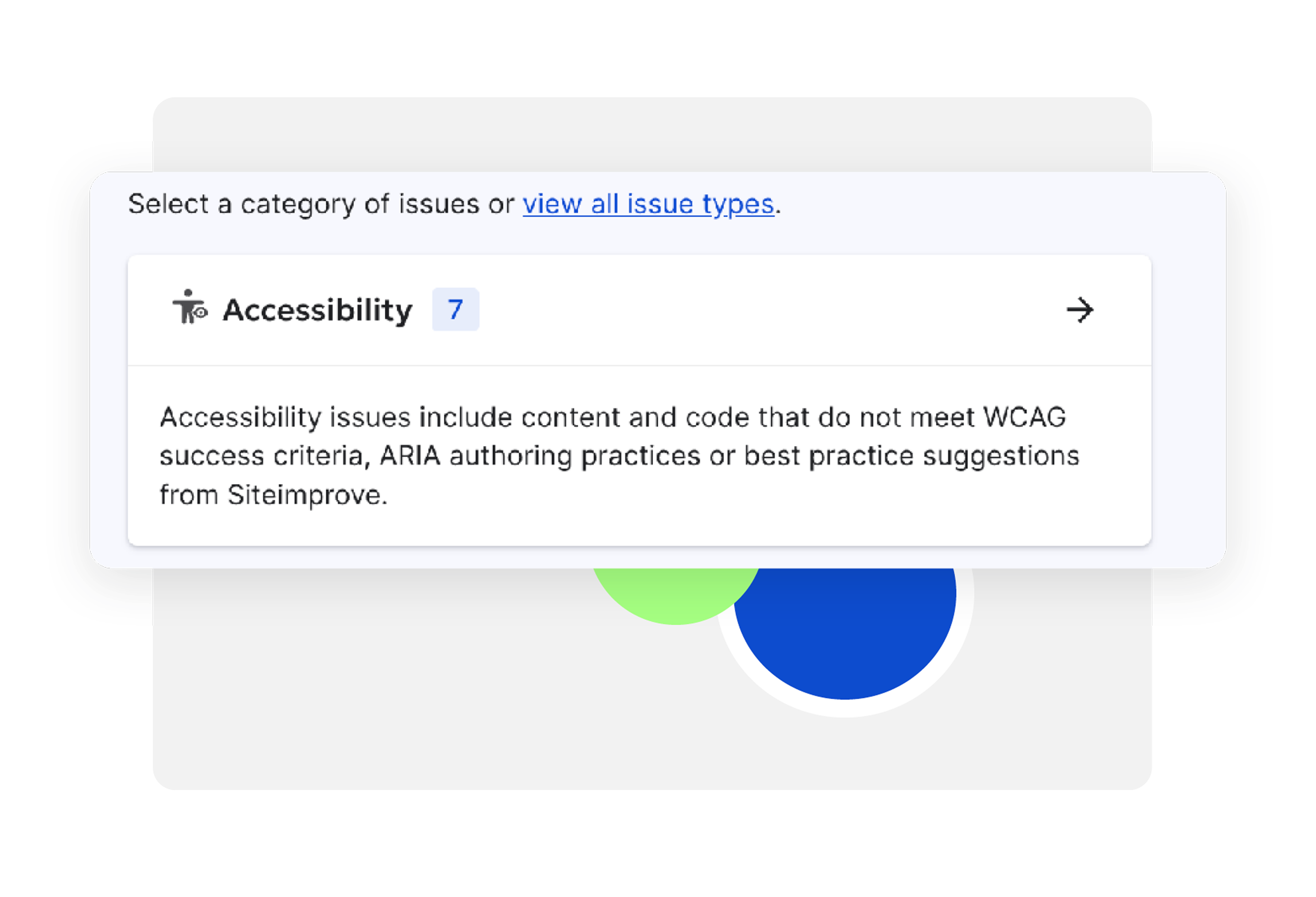 Screenshot of Siteimprove's accessibility report highlighting seven issues. It includes WCAG violations, ARIA authoring concerns, and best practice recommendations.