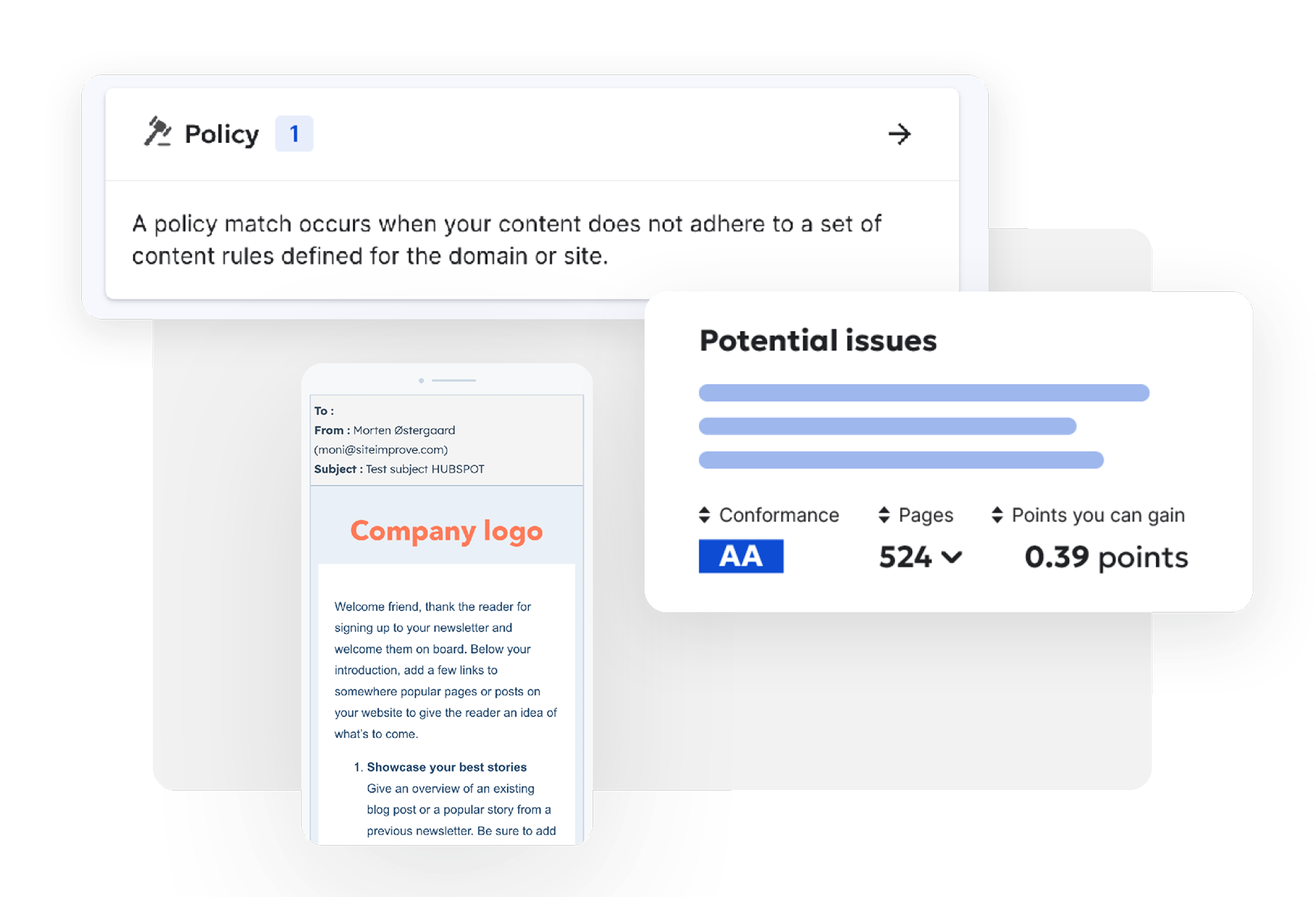 Screenshot of Siteimprove's policy compliance tool detecting a content policy issue. It also highlights potential accessibility issues, WCAG AA conformance, and affected pages.