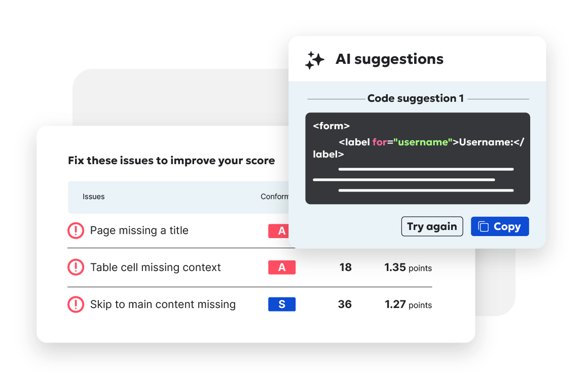 AI suggestions showing a code suggestion and list of issues that once fixed will increase the site score.