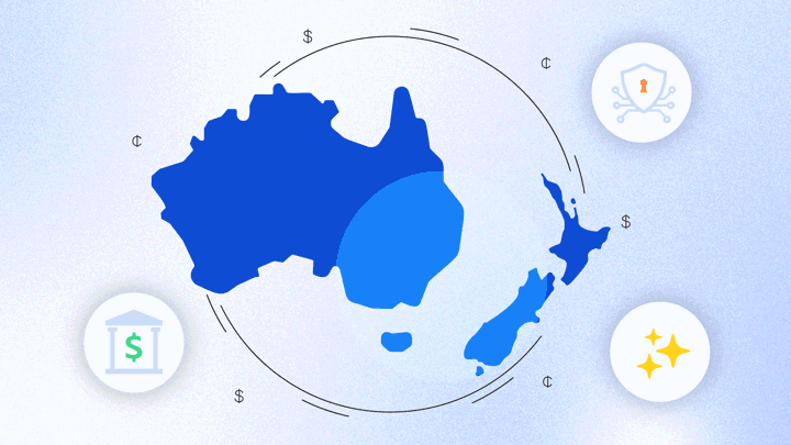 Maps of Australia and New Zealand with icons indicating banking technology.