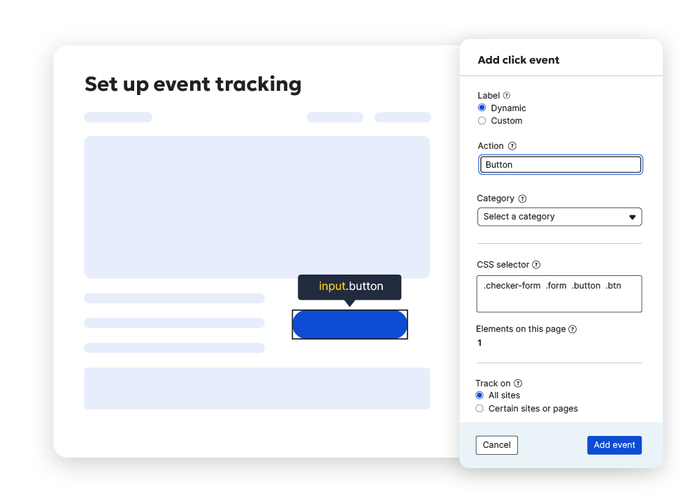 Image of Siteimprove platform showing dashboard for setting up event tracking for a button adding a click event