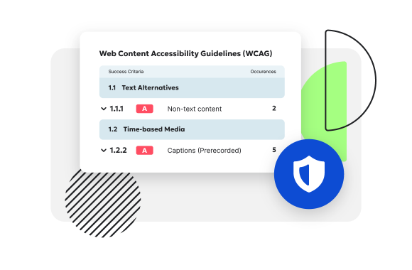 Web Content Accessibility Guidelines (WCAG) report highlighting issues with text alternatives and media captions.