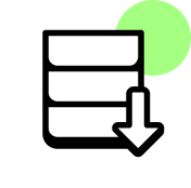 Stacked boxes with down arrow and green circle