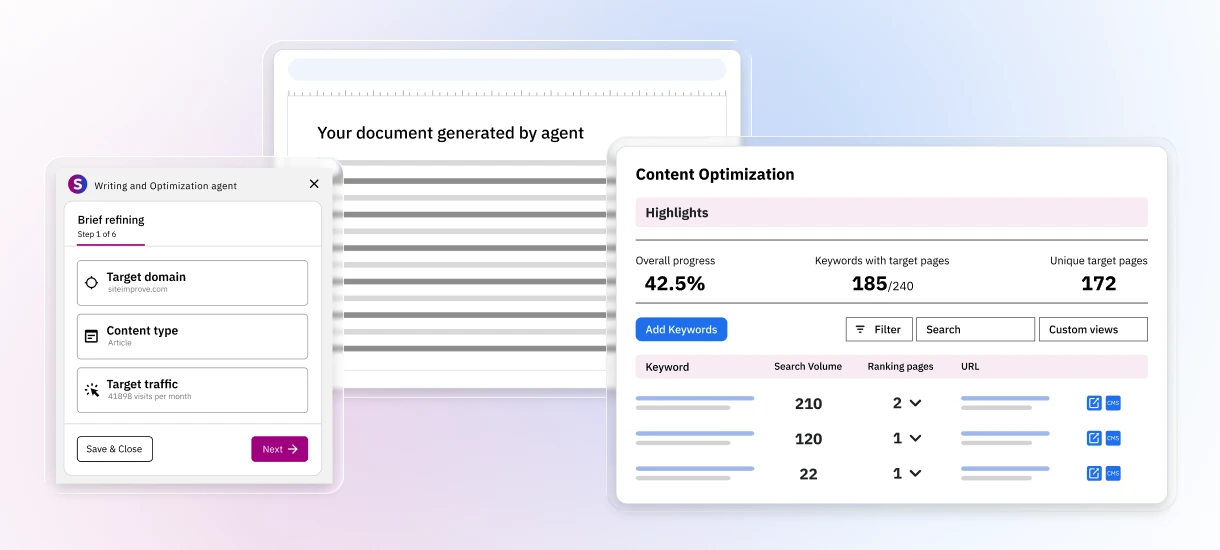 Siteimprove content strategy dashboard showing AI-generated content, brief refinement, and content optimization insights.