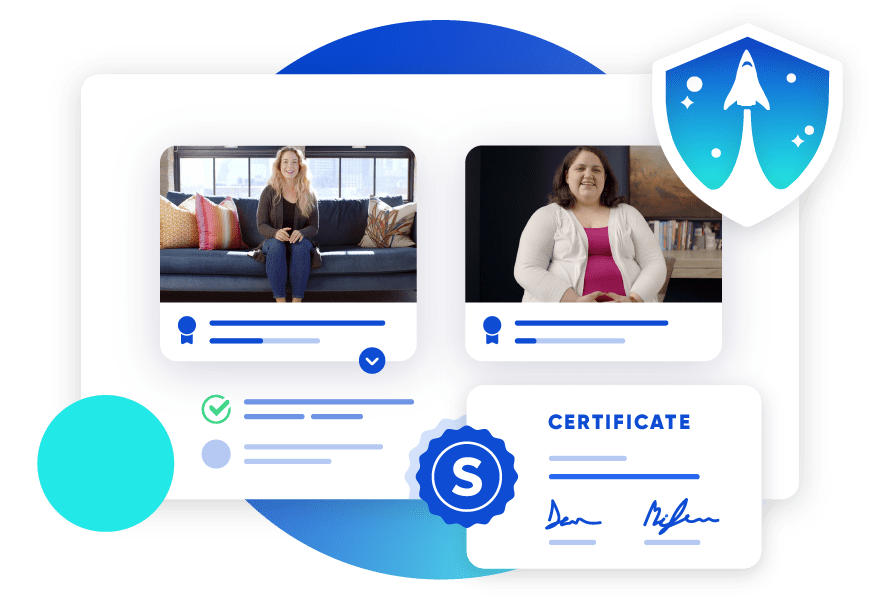 Graphic of a digital verification interface with two thumbnails of videos featuring individuals, as well as a verified status indicator, and a certificate with a signature. The design includes a shield emblem with a rocket soaring towards space.