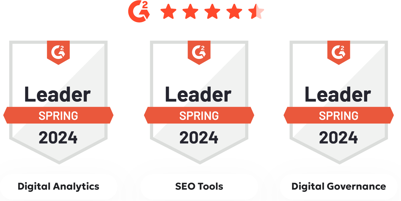 Three award badges, each shaped like a shield with the "G2" logo at the top, five stars beneath the logo, and a red banner across the middle stating "Leader Spring 2024". The badges are labeled as follows: "Digital Governance", "Digital Analytics", and "SEO Tools" 