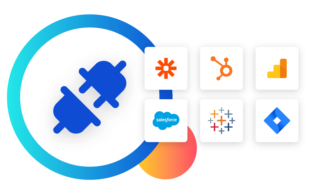 Illustration of plug icon and a series of logos, indicating that Siteimprove can work together with different software programs such as Salesforce, Hubspot, Google Analytics, Atlassian Jira, Tableau, and more.